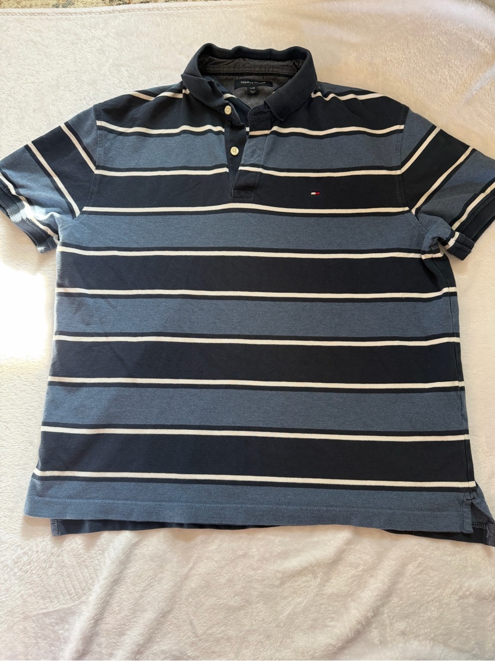 Tommy Hilfiger Navy and Light Blue Striped Polo